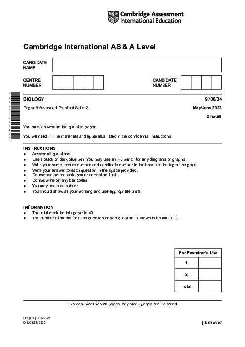 Biology 9700/34 May June 2022 | Cambridge AS Level Past Papers With Mark Scheme