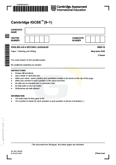 English as a Second Language 0993/12 May June 2025