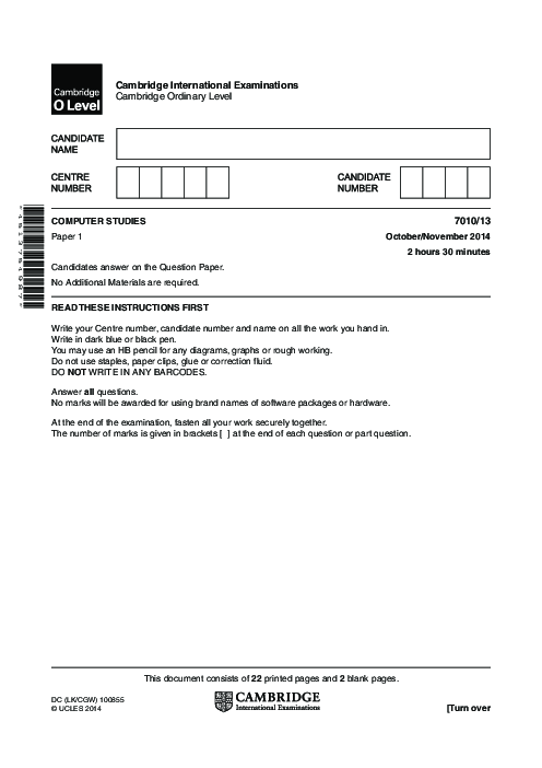  Computer Studies 7010/12 Oct Nov 2014 | Cambridge O-Level Past Papers With Mark Scheme