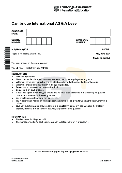 Mathematics 9709/61 May June 2024 | Cambridge AS & A Level Past Papers With Mark Scheme