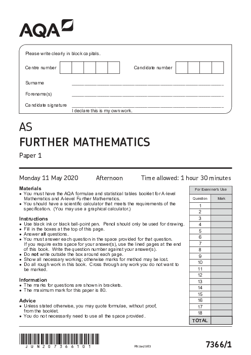  Further Mathematics 7366 Paper 1 June 2020, AQA AS-Level Past Papers with Mark Schemes