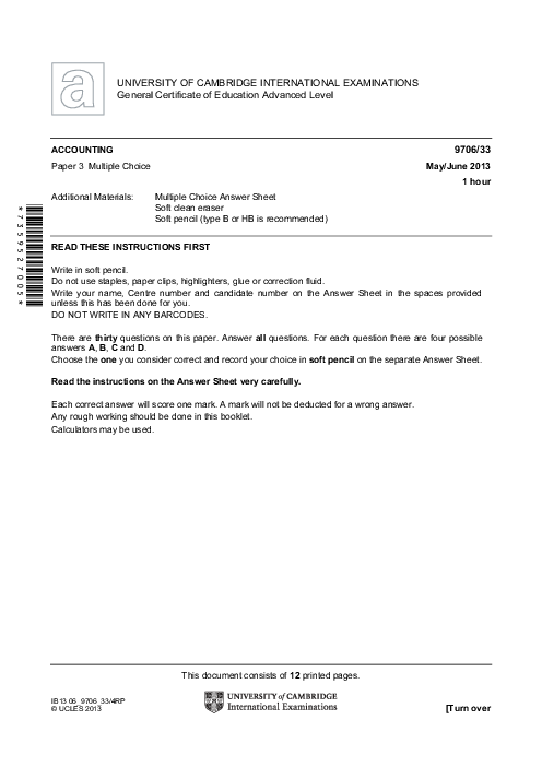 Accounting 9706/11 Oct Nov 2013 | Cambridge AS Level Past Papers With Mark Scheme