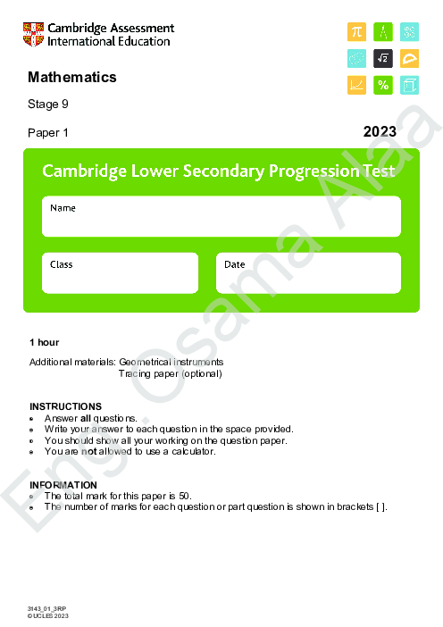 Cambridge Progression Test Stage 9 Mathematics 2023 Paper 1
