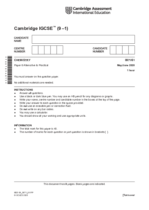  Chemistry 0971/61 May June 2020 | Cambridge 9–1 IGCSE Past Papers With Mark Scheme