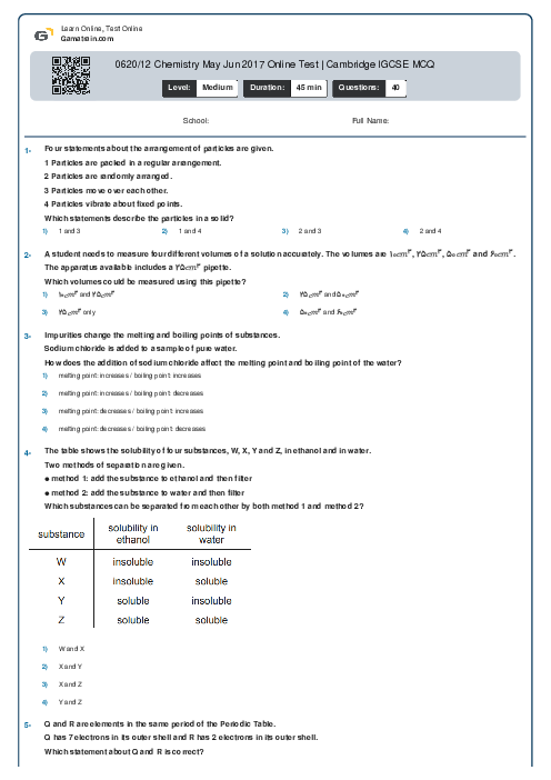 0620/12 Chemistry May Jun 2017 Online Test | Cambridge IGCSE MCQ