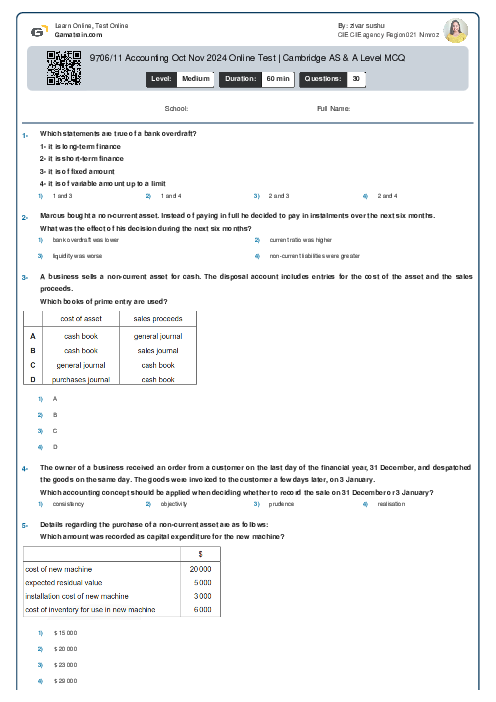 9706/11 Accounting Oct Nov 2024 Online Test | Cambridge AS & A Level MCQ