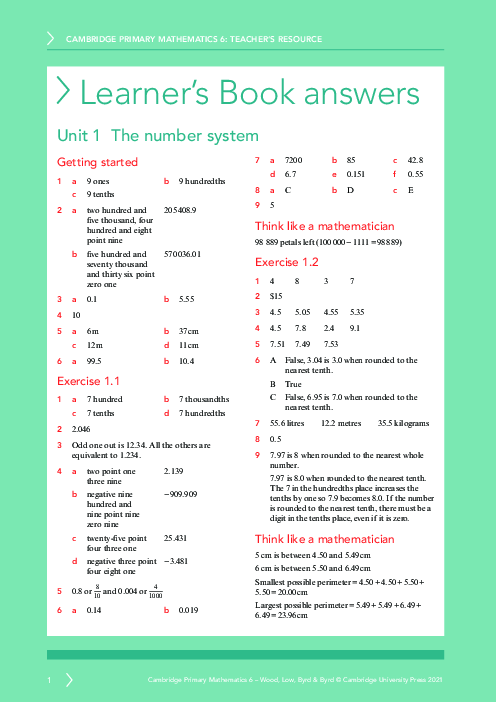 Mathematics 6 , Learner′s Book Answers Primary Checkpoint | PDF 