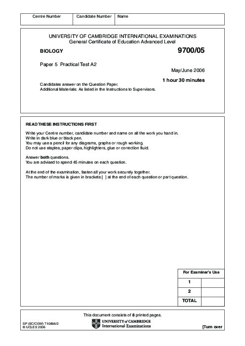 Biology 9700/05 May June 2006 | Cambridge AS Level Past Papers With Mark Scheme