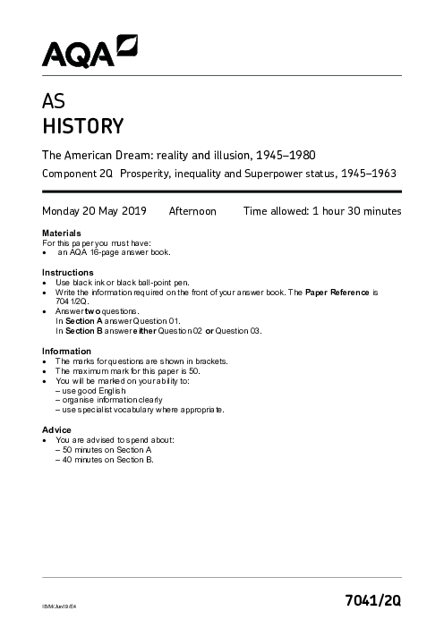    History 7041 Paper 2Q June 2019, AQA AS-Level Past Papers with Mark Schemes