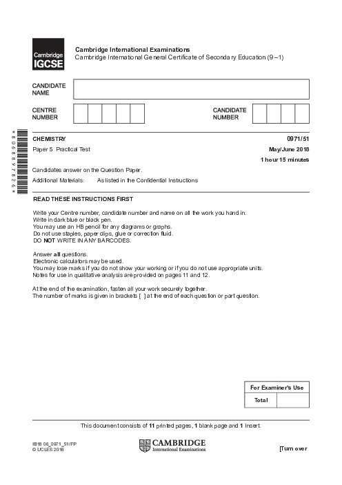  Chemistry 0971/51 May June 2018 | Cambridge 9–1 IGCSE Past Papers With Mark Scheme
