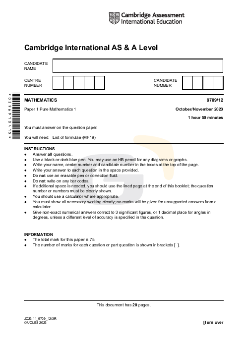 Mathematics 9709/12 Oct Nov 2023 | Cambridge AS & A Level Past Papers With Mark Scheme