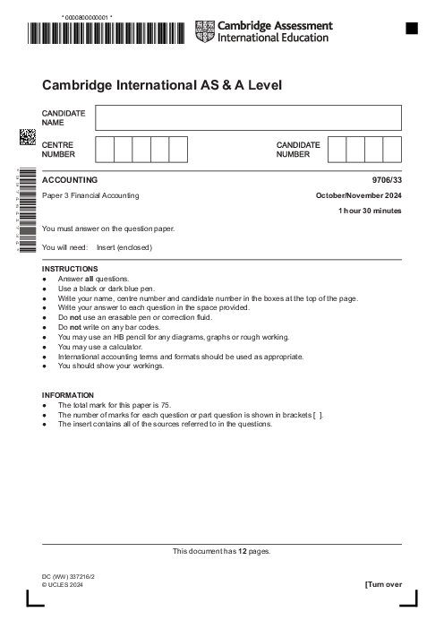 Accounting 9706,33 Oct Nov 2024 | Cambridge AS - A Level Past Papers With Mark Scheme