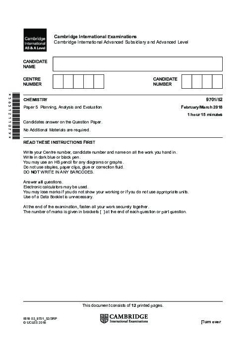 Chemistry 9701/22 May June 2018 | Cambridge AS Level Past Papers With Mark Scheme