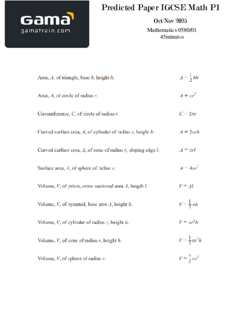 Free Predicted Paper IGCSE Math Paper 1 for October 2025