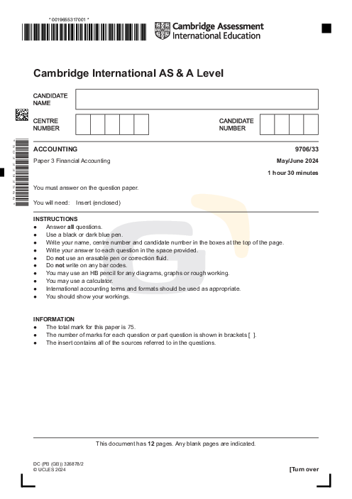 Accounting 9706/33 May June 2024 | Cambridge AS Level Past Papers With Mark Scheme