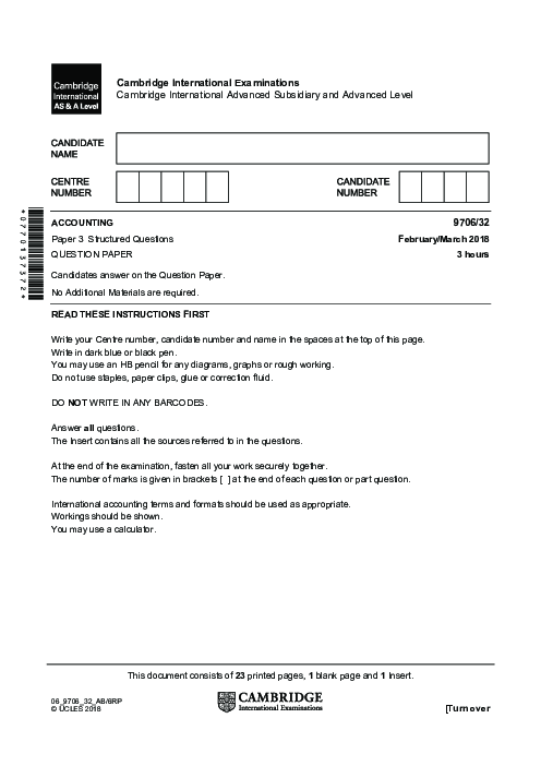 Accounting 9706/12 May June 2018 | Cambridge AS Level Past Papers With Mark Scheme