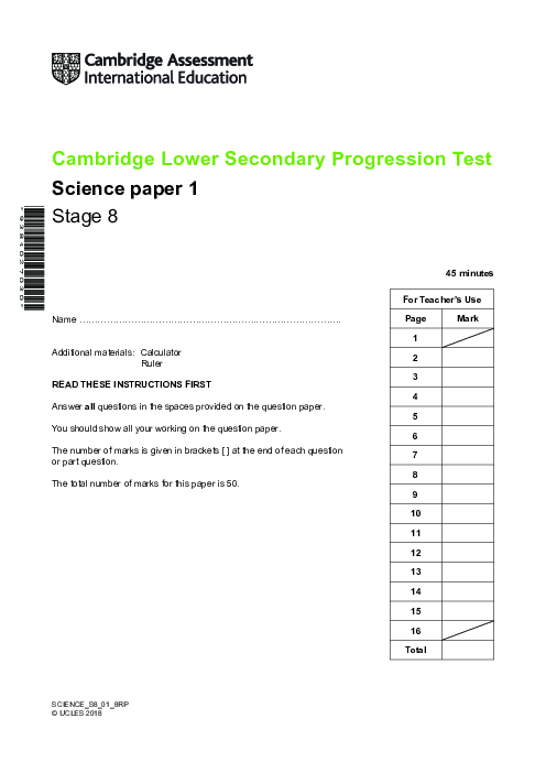 Cambridge Progression Test Stage 8 Science 2018 Paper 1