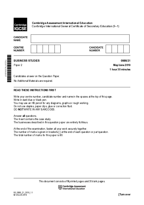  Business Studies 0986/21 May June 2019 | Cambridge 9–1 IGCSE Past Papers With Mark Scheme