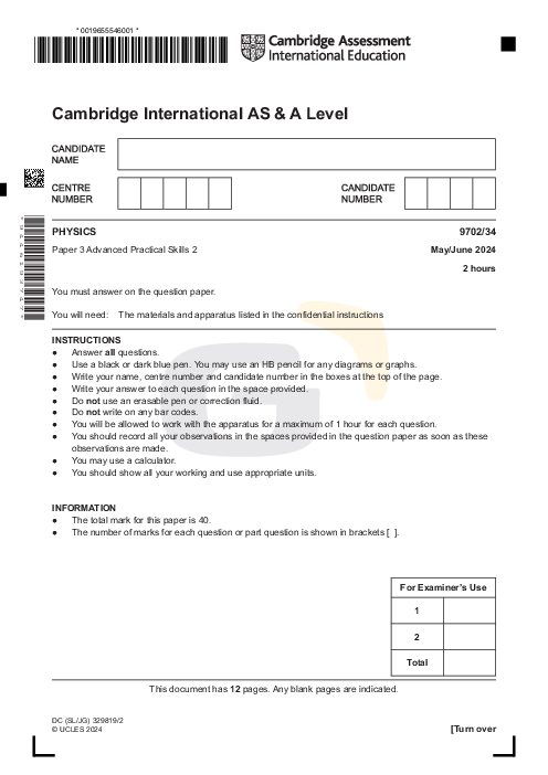 Physics 9702/35 May June 2024 | Cambridge AS Level Past Papers With Mark Scheme