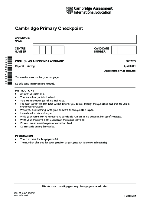 ENGLISH AS A SECOND LANGUAGE 0837,03 April 2021 | Cambridge Primary Checkpoint Past Papers with Mark Schemes