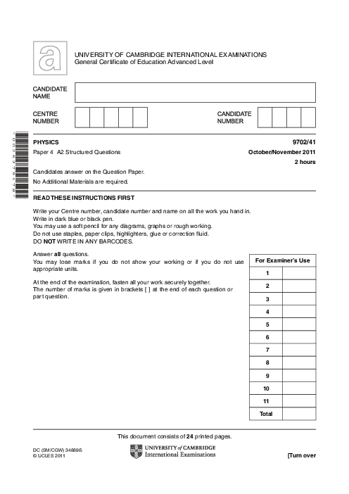 Paper 3, Variant 5, Oct Nov 2011 | Cambridge AS - A Level Physics (9702) Past Papers