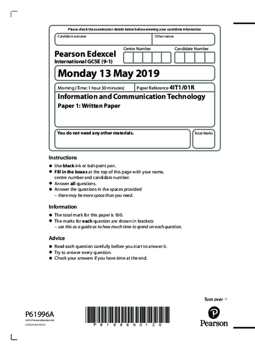  ICT 4IT1/01R June  2019 | Edexcel  IGCSE Past Papers With Mark Scheme