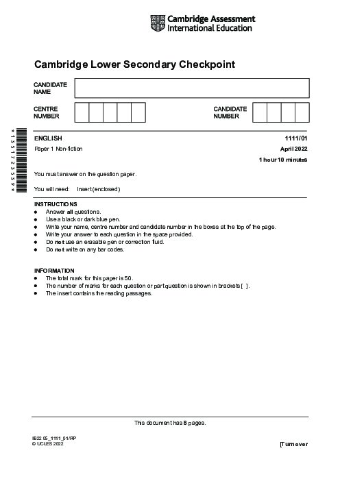 ENGLISH 1111,01 April 2022 | Cambridge Lower secondary Checkpoint Past Papers with Mark Schemes 