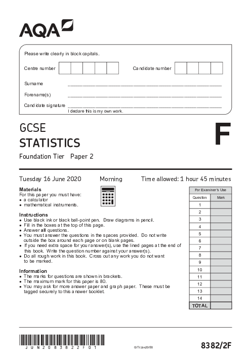 Statistics 8382/2F June 2020