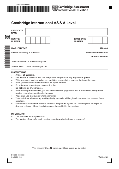  Mathematics 9709,63 Oct Nov 2024 | Cambridge AS - A Level Past Papers With Mark Scheme