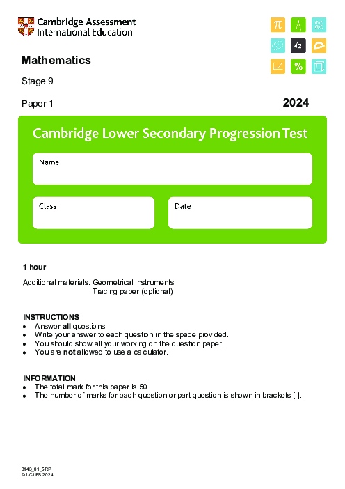 Cambridge Progression Test Stage 9 Mathematics 2024 Paper 1