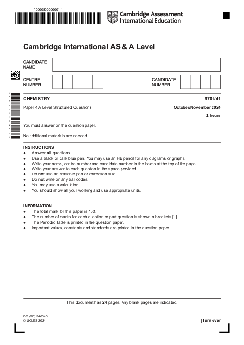 Chemistry 9701,41 Oct Nov 2024 | Cambridge AS - A Level Past Papers With Mark Scheme