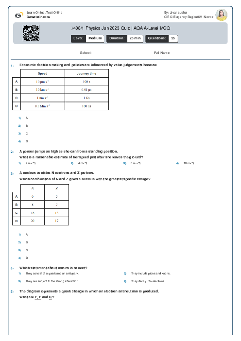  7408/1 Physics Jun 2023 Quiz | AQA A Level MCQ
