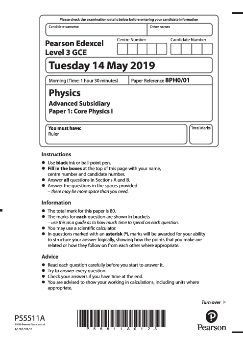  Physics 8PH0/01 May June  2019 | Edexcel  AS Level Past Papers With Mark Scheme