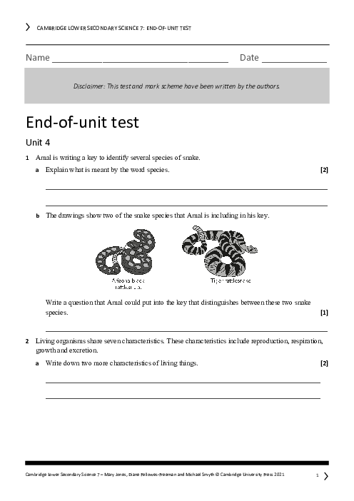 Year 7 Science End of Unit 4 Test - Answers Included