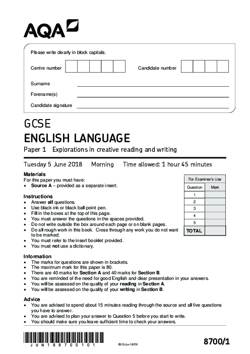 English Language 8700/1 June 2018