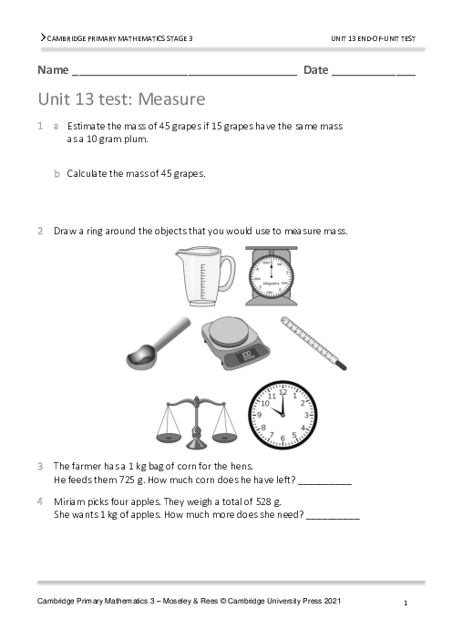 Year 3 Mathematics End of Unit 13 Test - Answers Included