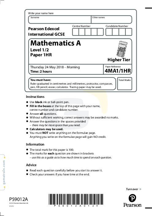 Mathematics (A) 4MA1/1HR May Jun  2018