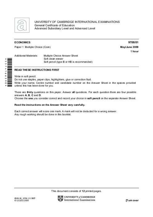 Paper 1, May June 2009 | Cambridge AS - A Level Economics (9708) Past Papers