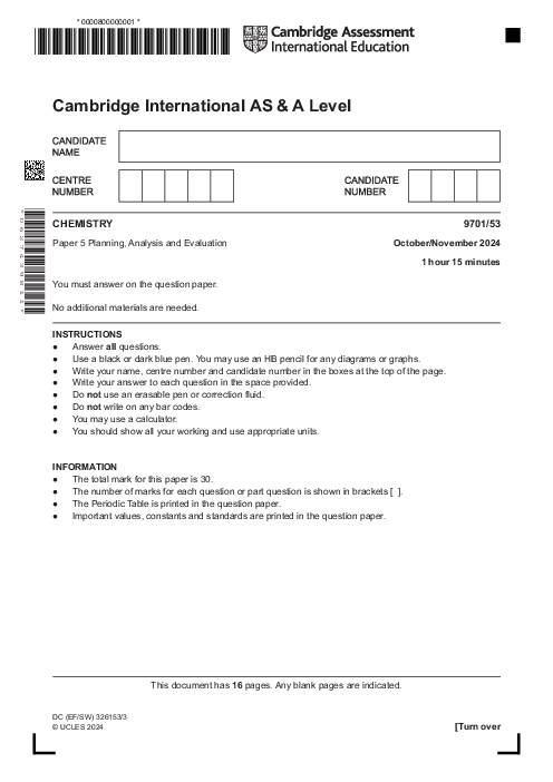 Chemistry 9701,53 Oct Nov 2024 | Cambridge AS - A Level Past Papers With Mark Scheme