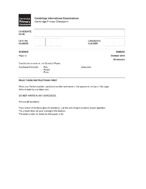 SCIENCE 0846,02 October 2018 | Cambridge Primary Checkpoint Past Papers with Mark Schemes