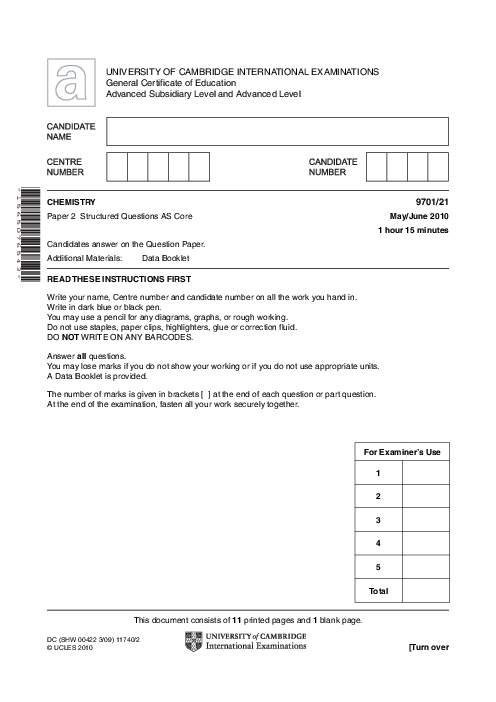 Chemistry 9701/21 May June 2010 | Cambridge AS Level Past Papers With Mark Scheme