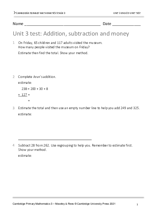  Year 3 Mathematics End of Unit 3 Test - Answers Included