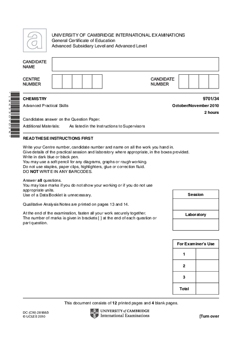 Chemistry 9701/21 Oct Nov 2010 | Cambridge AS Level Past Papers With Mark Scheme