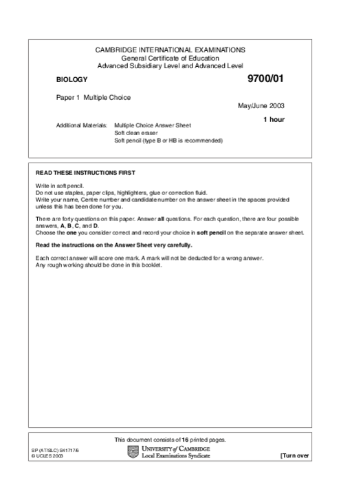 Biology 9700/01 May June 2003 | Cambridge AS Level Past Papers With Mark Scheme