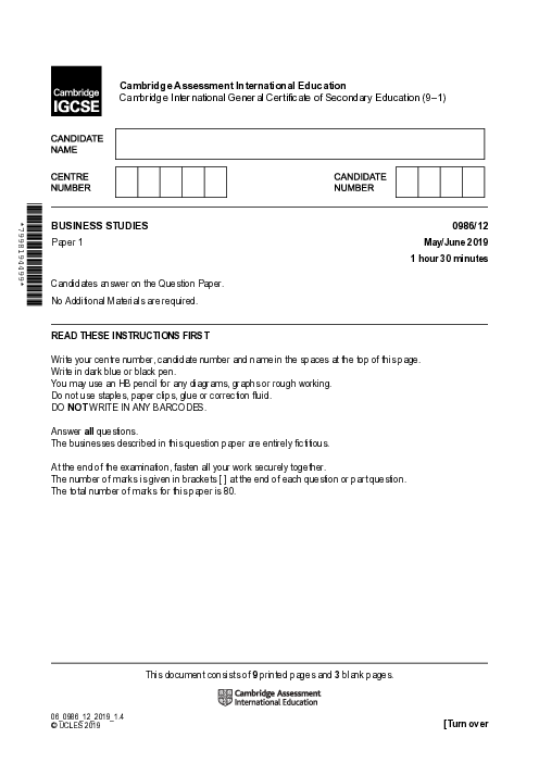  Business Studies 0986/12 May June 2019 | Cambridge 9–1 IGCSE Past Papers With Mark Scheme