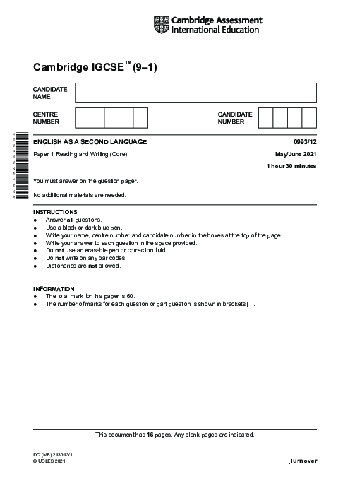 Paper 1, Variant 1, May June 2021 | Cambridge 9–1 GCSE  English as a Second Language (Speaking Endorsement) (0993) Past Papers