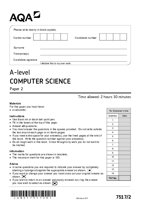Computer Science 7517/2 June 2021