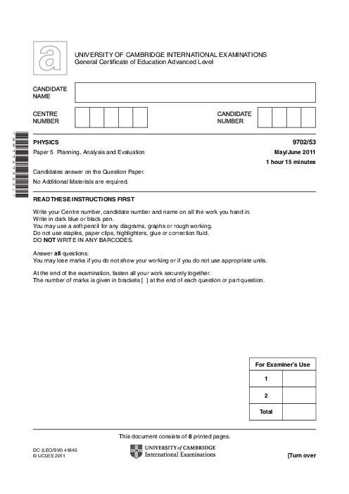 Paper 5, Variant 3, May June 2011 | Cambridge AS - A Level Physics (9702) Past Papers