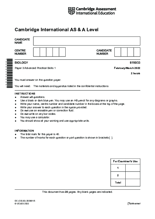 Biology 9700/11 May June 2022 | Cambridge AS Level Past Papers With Mark Scheme