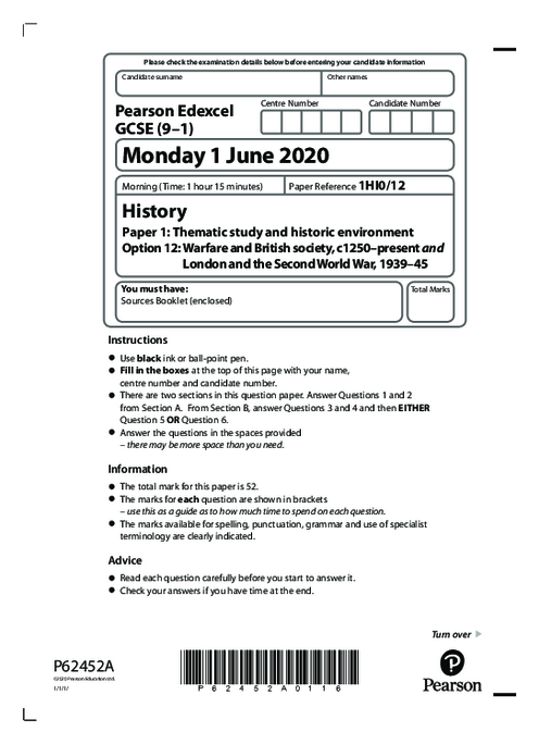  History  1HI0/12 November 2020 | Edexcel  GCSE Past Papers With Mark Scheme